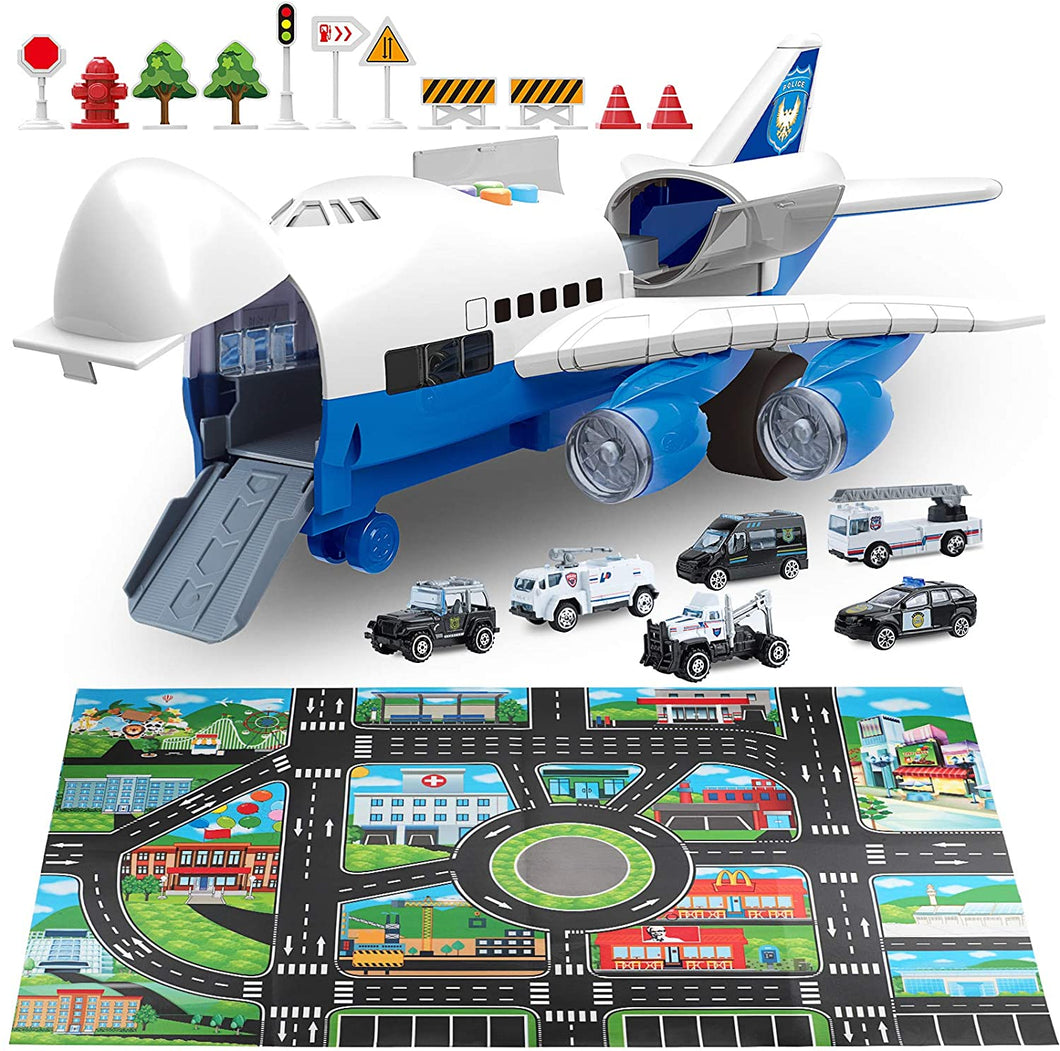 Car Toys Set with Transport Cargo Airplane and Large Play Mat