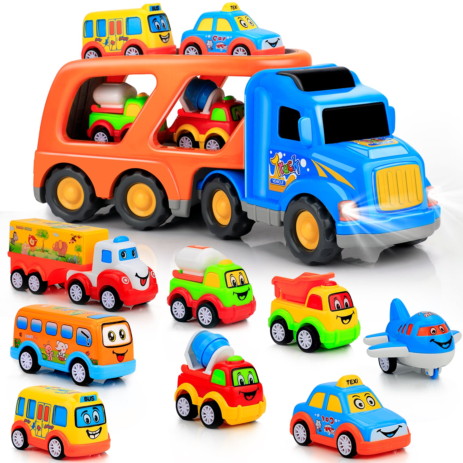 Toy stork truck carrying 4 colored cars 