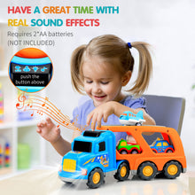Load image into Gallery viewer, Forty4 9 pcs Cars Toys for 3 4 5 Years Old Toddlers, Big Carrier Truck with 8 Small Cartoon Pull Back Cars, Colorful Assorted Vehicles, Transport Truck with Sound and Light, Best Gift for Boy and Girl
